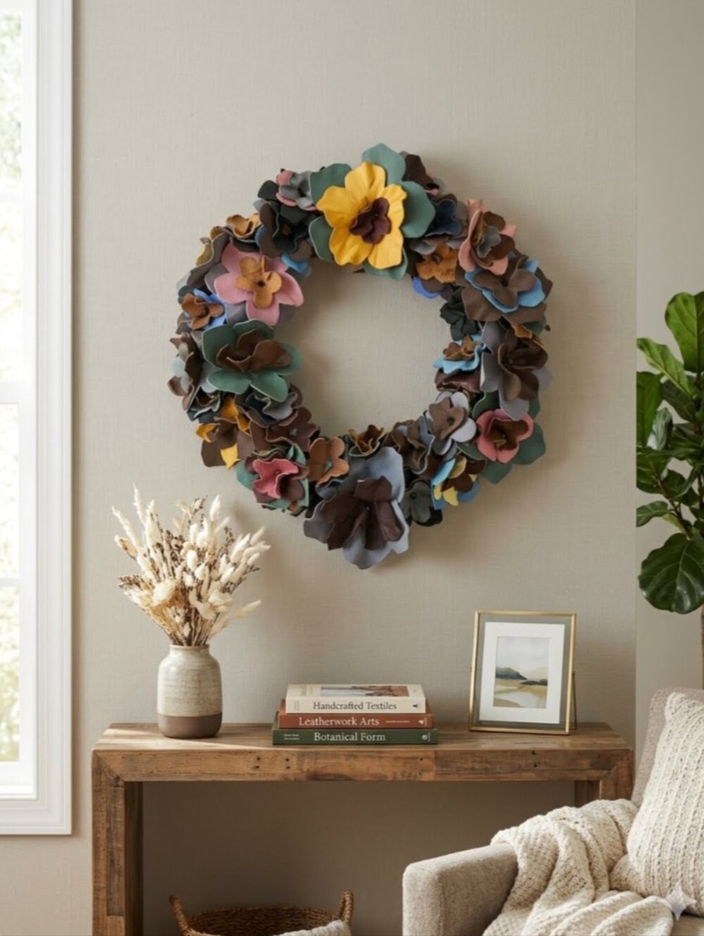 Handmade Leather Flower Rosette Wreath-Multicolor 14"